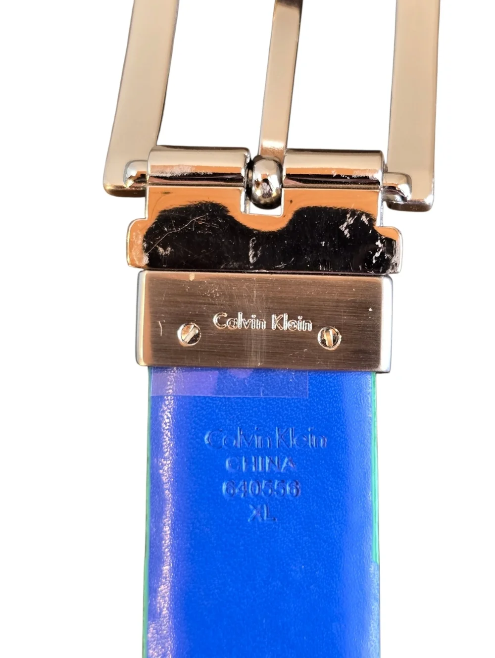 Calvin Klein Reversible Blue Green Leather Silver Buckle Belt XL